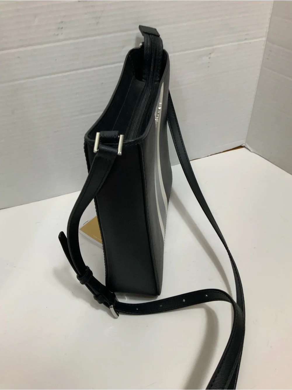Michael Kors Women Black Saffiano Leather Center Stripe Crossbody Bag Purse